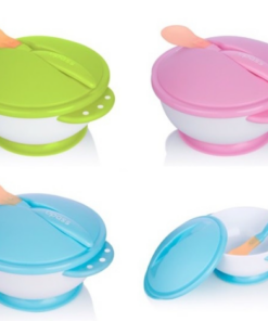 Chén bát đựng đồ ăn dặm chống đổ an toàn cho bé có nắp thìa báo nóng UPASS chính hãng
